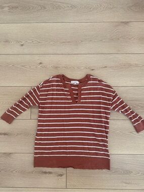 LOFT Rust and White Striped Crewneck Sweater